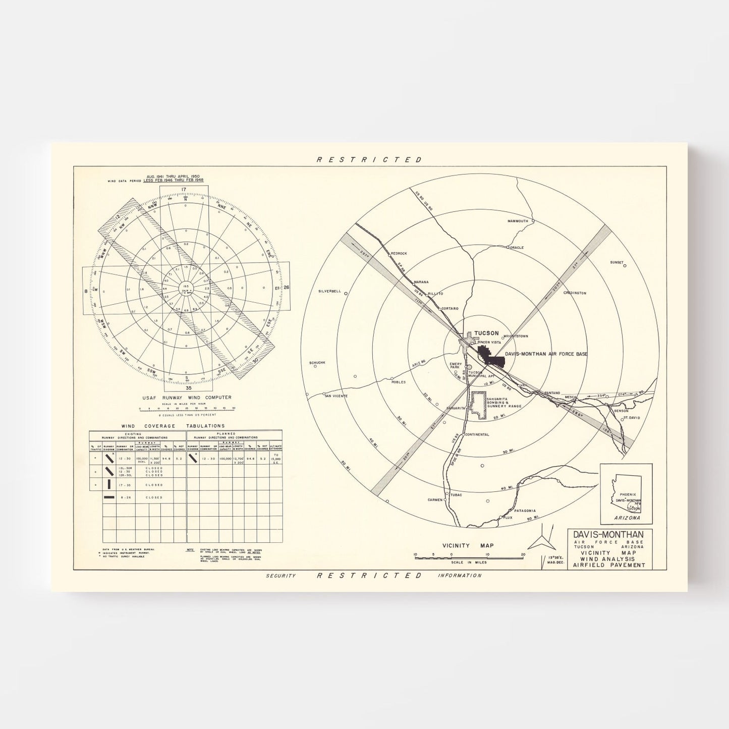 Vintage Map of Davis-Monthan Air Force Base Vicinity, Arizona 1951