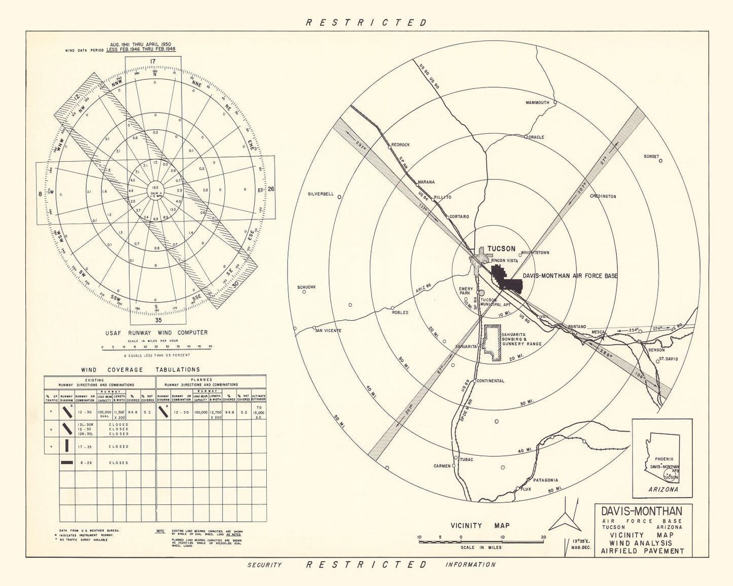 Vintage Map of Davis-Monthan Air Force Base Vicinity, Arizona 1951