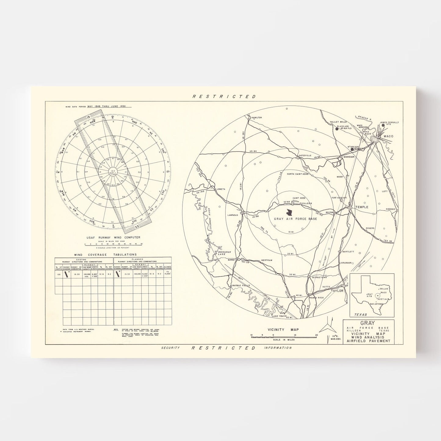 Vintage Map of Gray Air Force Base Vicinity, Texas, 1951