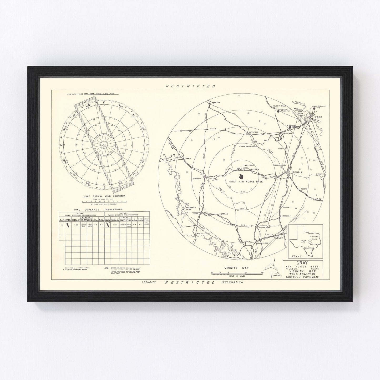 vintage map of Gray Air Force Base vicinity, Texas, 1951