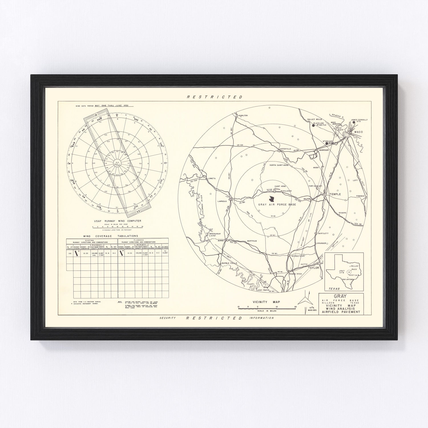 vintage map of Gray Air Force Base vicinity, Texas, 1951