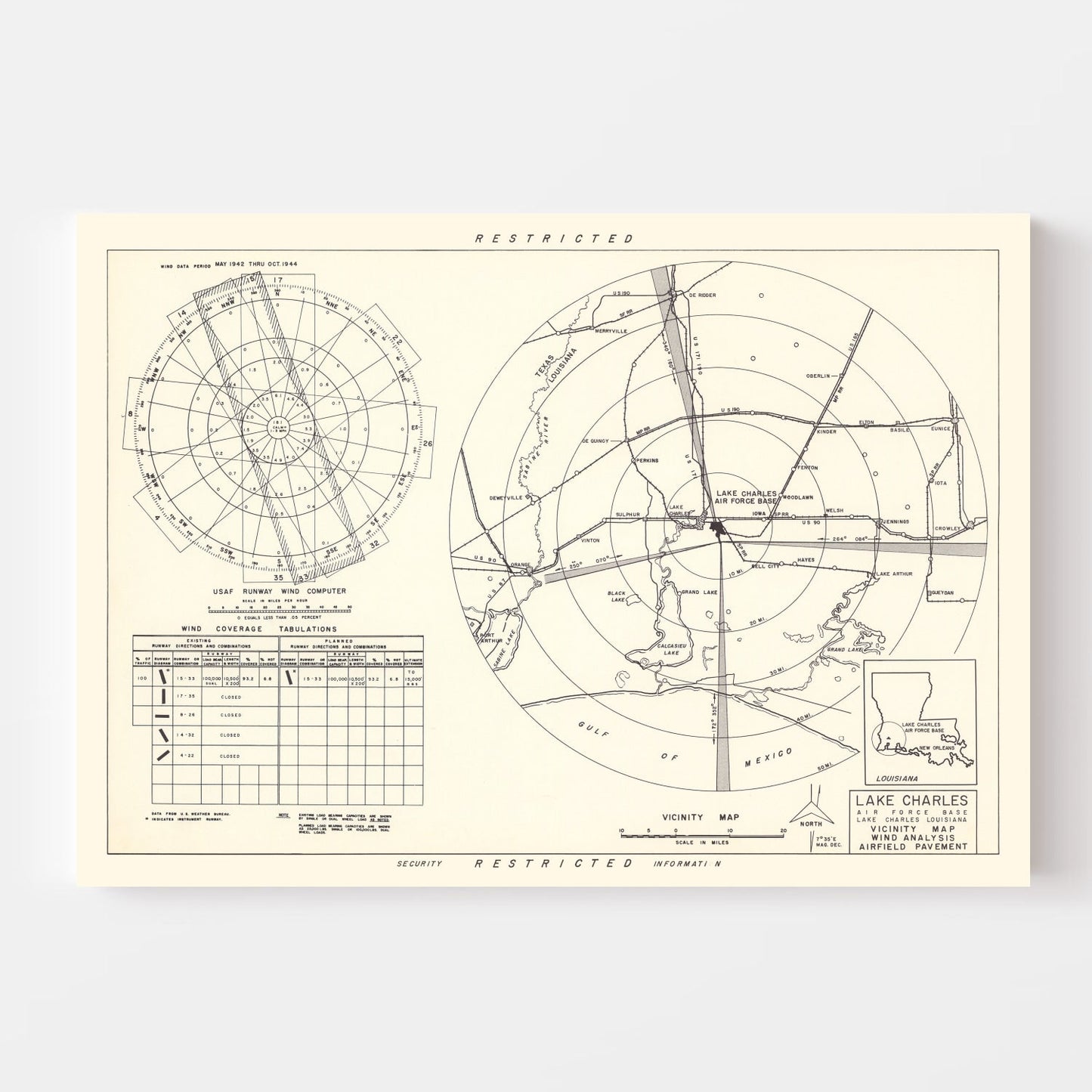 Vintage Map of Lake Charles Air Force Base Vicinity, Louisiana, 1951