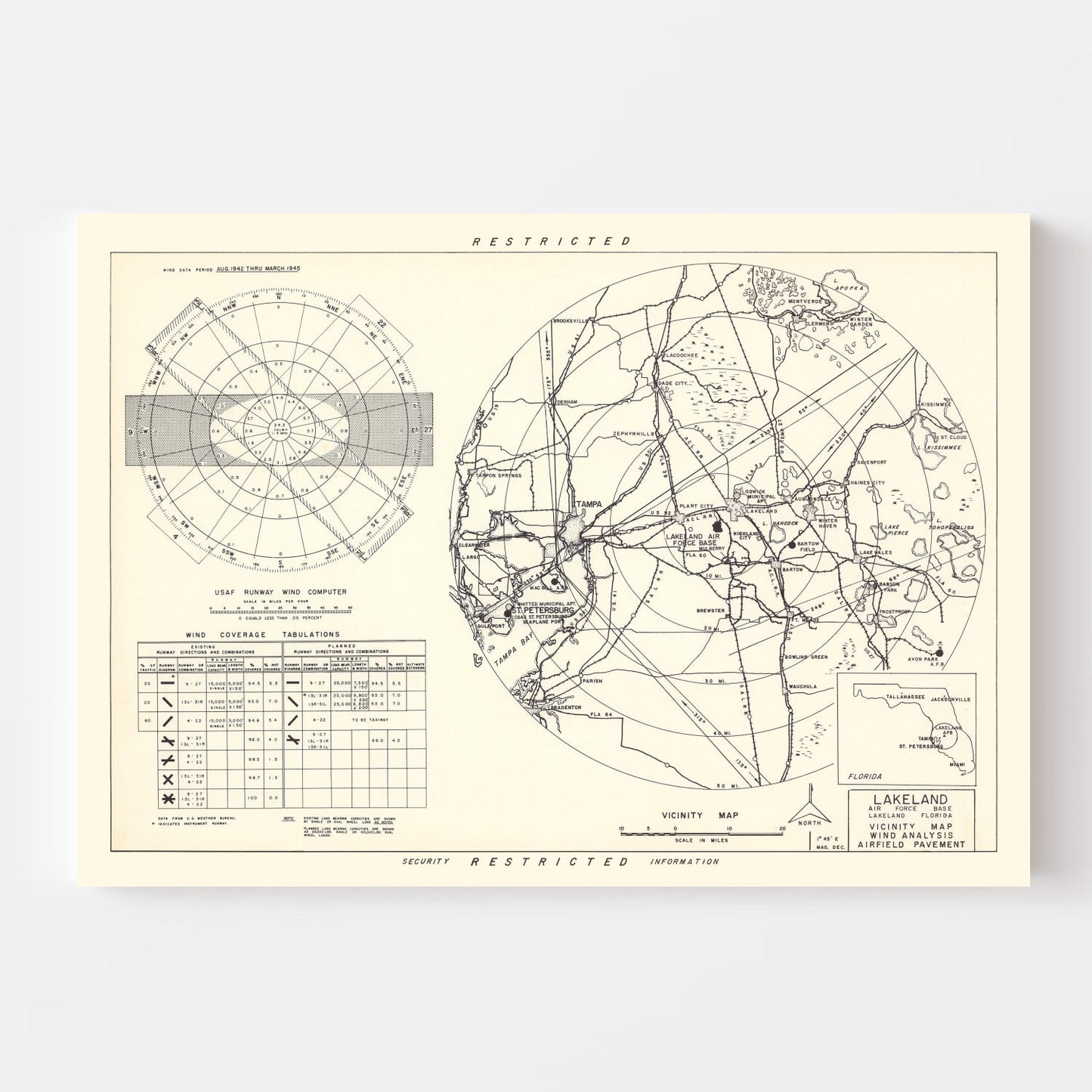 Vintage Map of Lakeland Air Force Base Vicinity, Florida, 1952