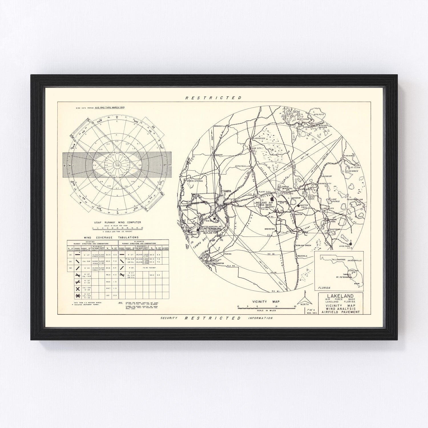 vintage map of Lakeland Air Force Base vicinity, Polk County, Florida, 1952