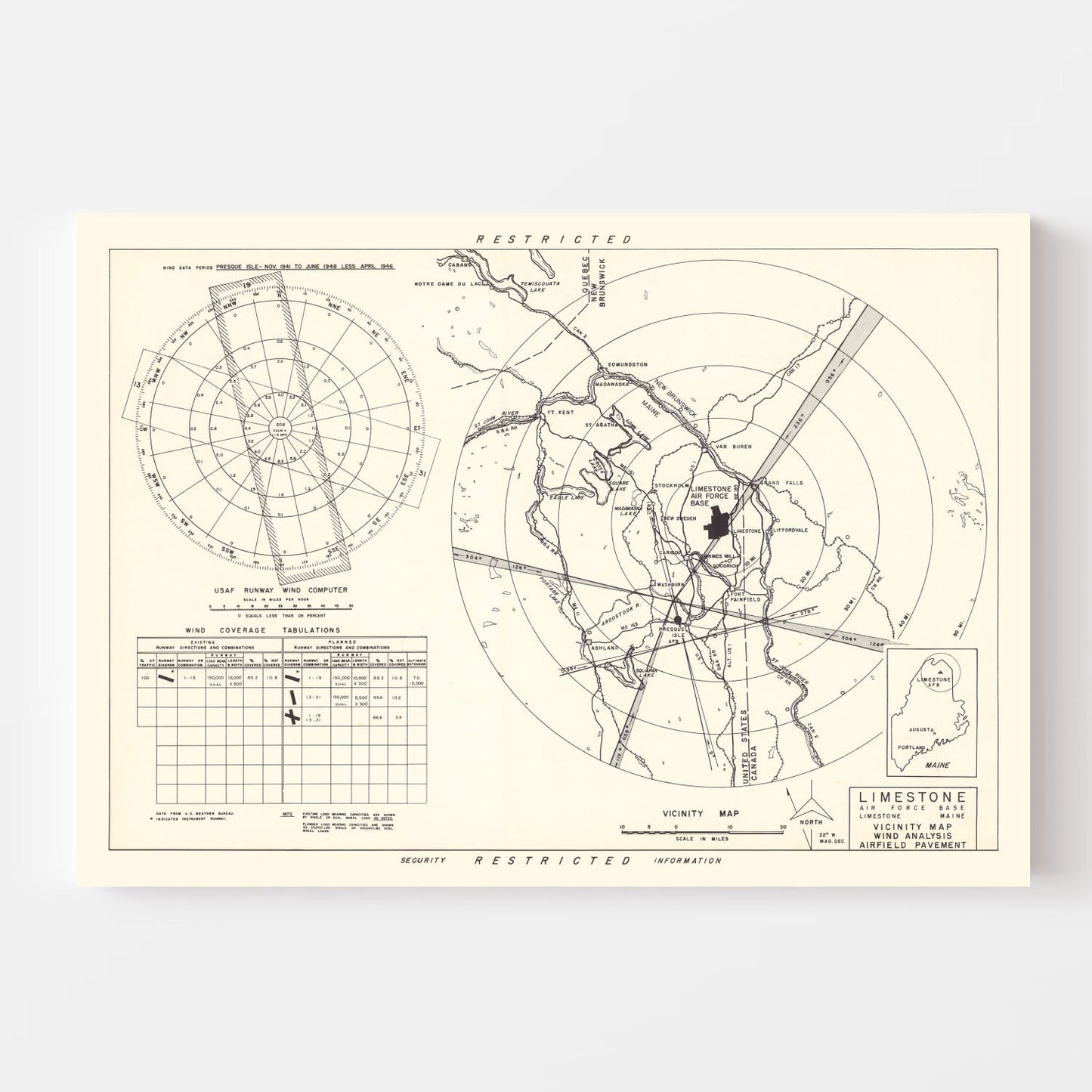 Vintage Map of Limestone Air Force Base Vicinity, Maine, 1951