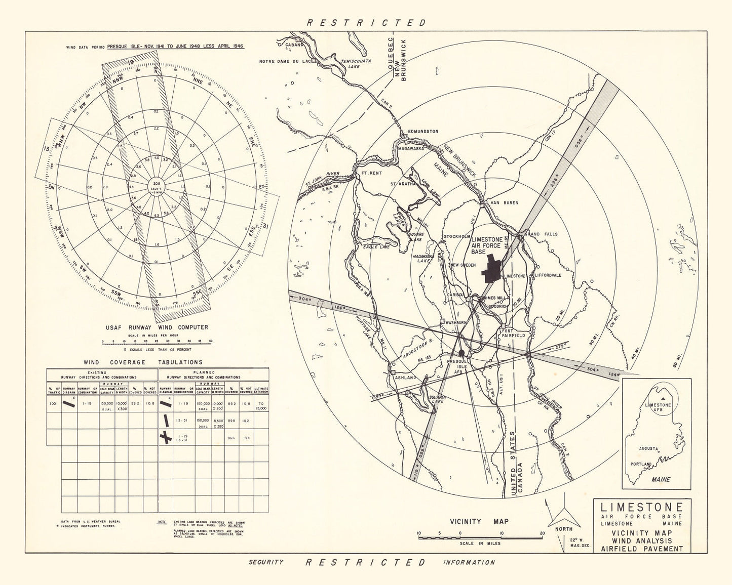 Vintage Map of Limestone Air Force Base Vicinity, Maine, 1951