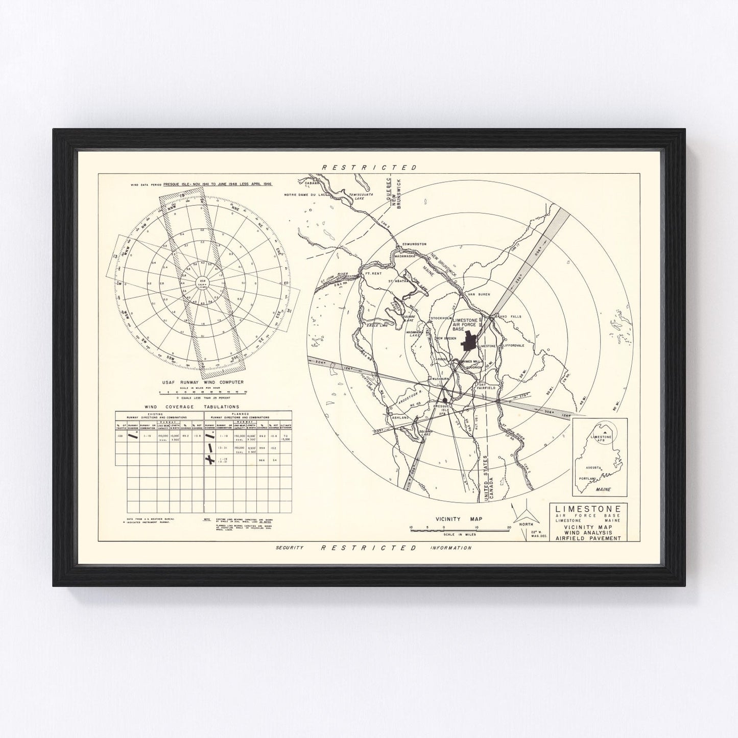 vintage map of Limestone Air Force Base vicinity, Aroostook County, Maine, 1951