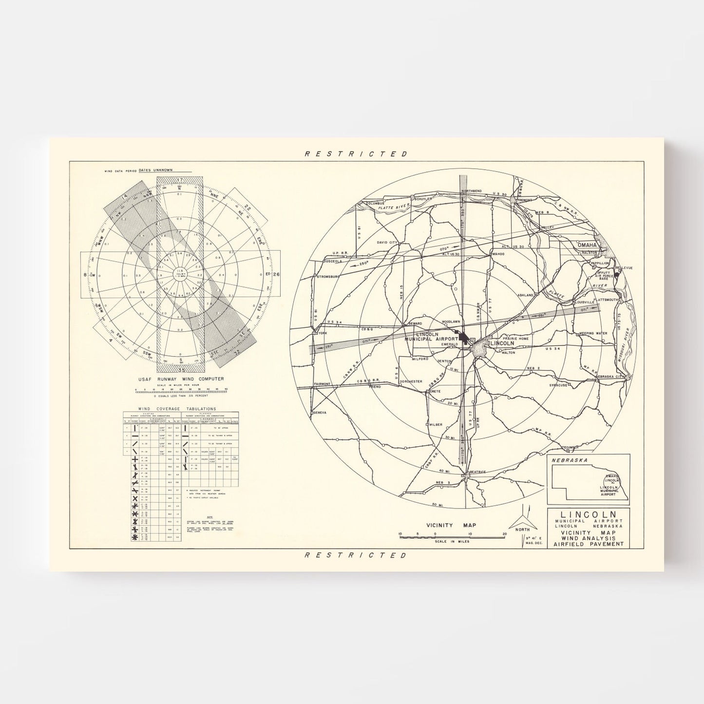 Vintage Map of Lincoln Municipal Airport Vicinity, Nebraska, 1951