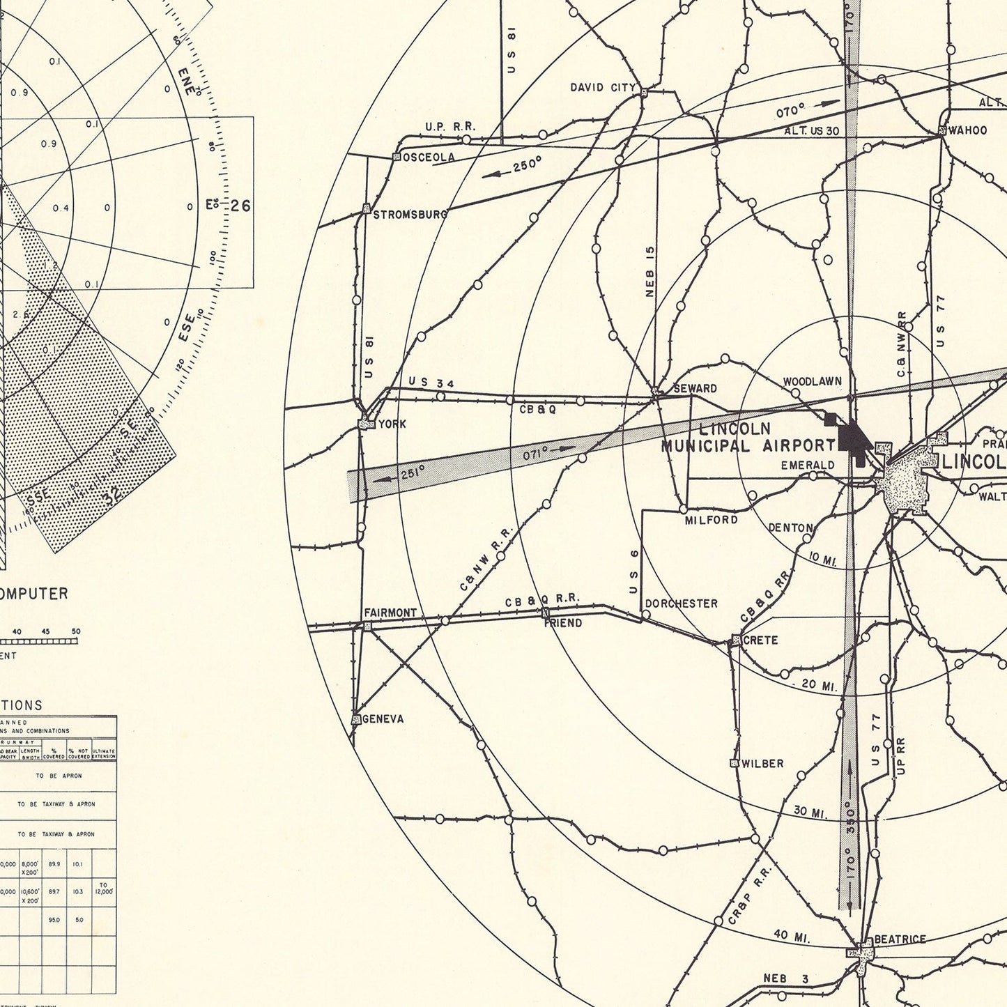 Vintage Map of Lincoln Municipal Airport Vicinity, Nebraska, 1951