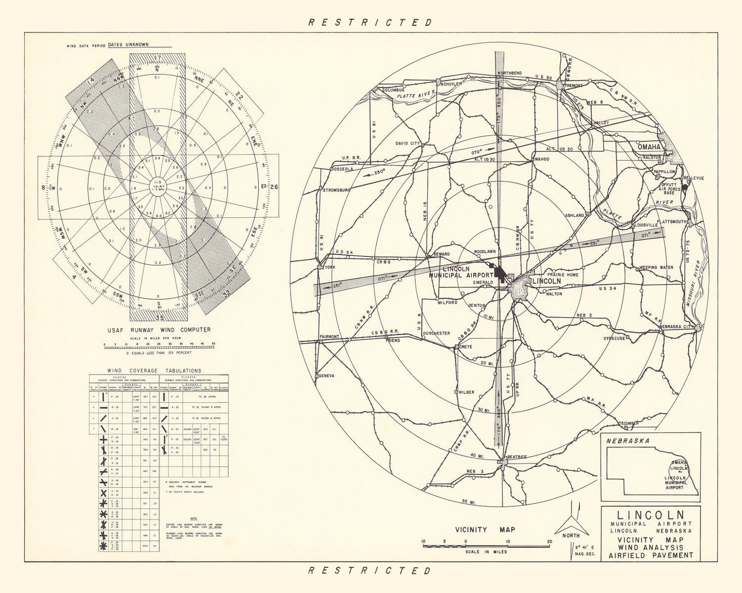 Vintage Map of Lincoln Municipal Airport Vicinity, Nebraska, 1951