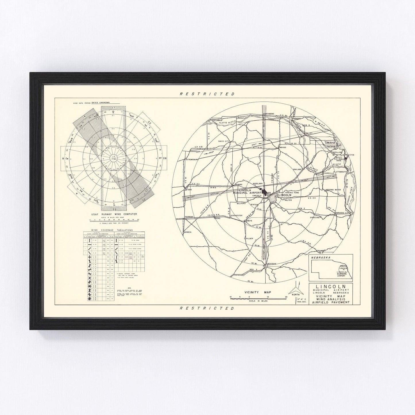 vintage map of Lincoln Municipal Airport vicinity, Nebraska, 1951