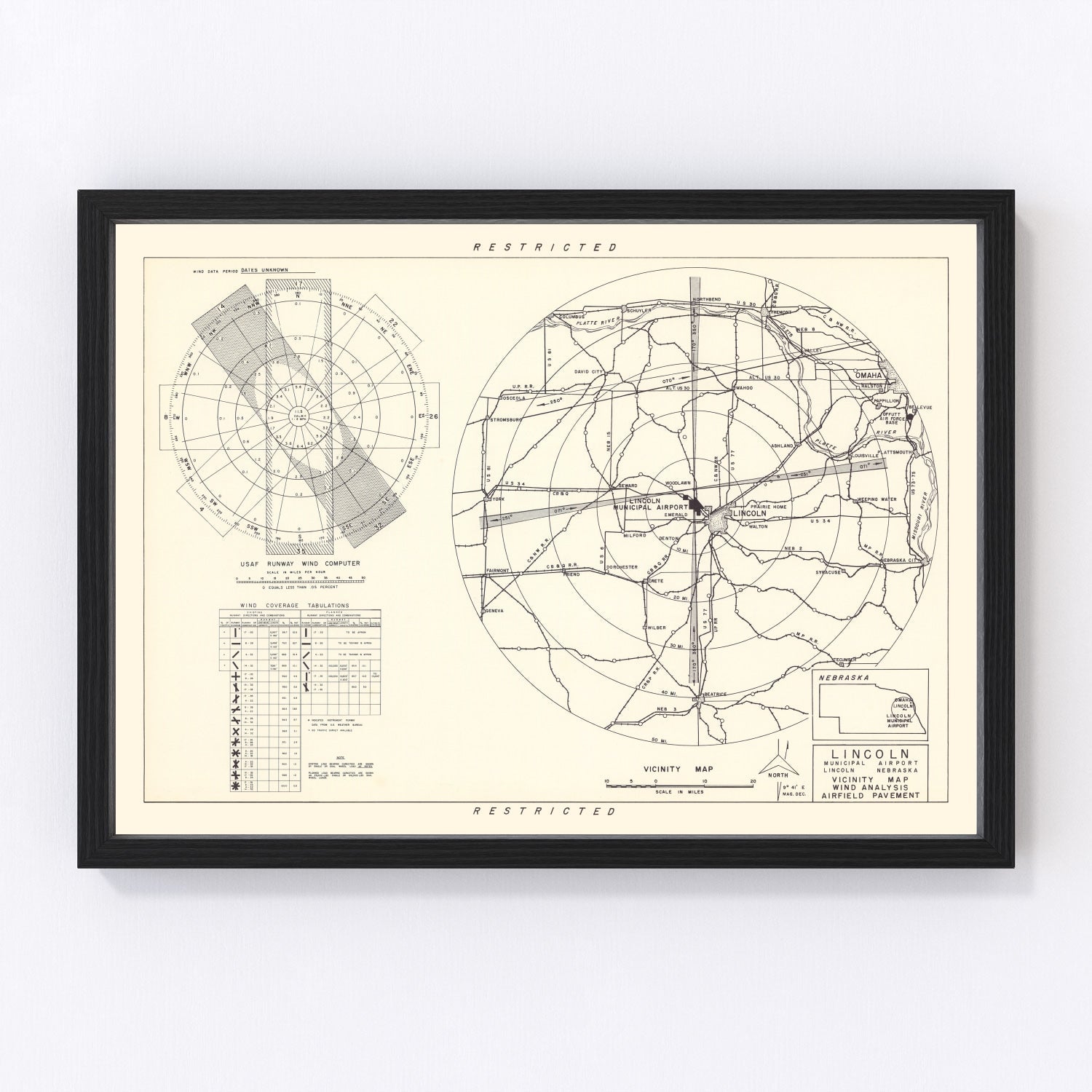 vintage map of Lincoln Municipal Airport vicinity, Nebraska, 1951