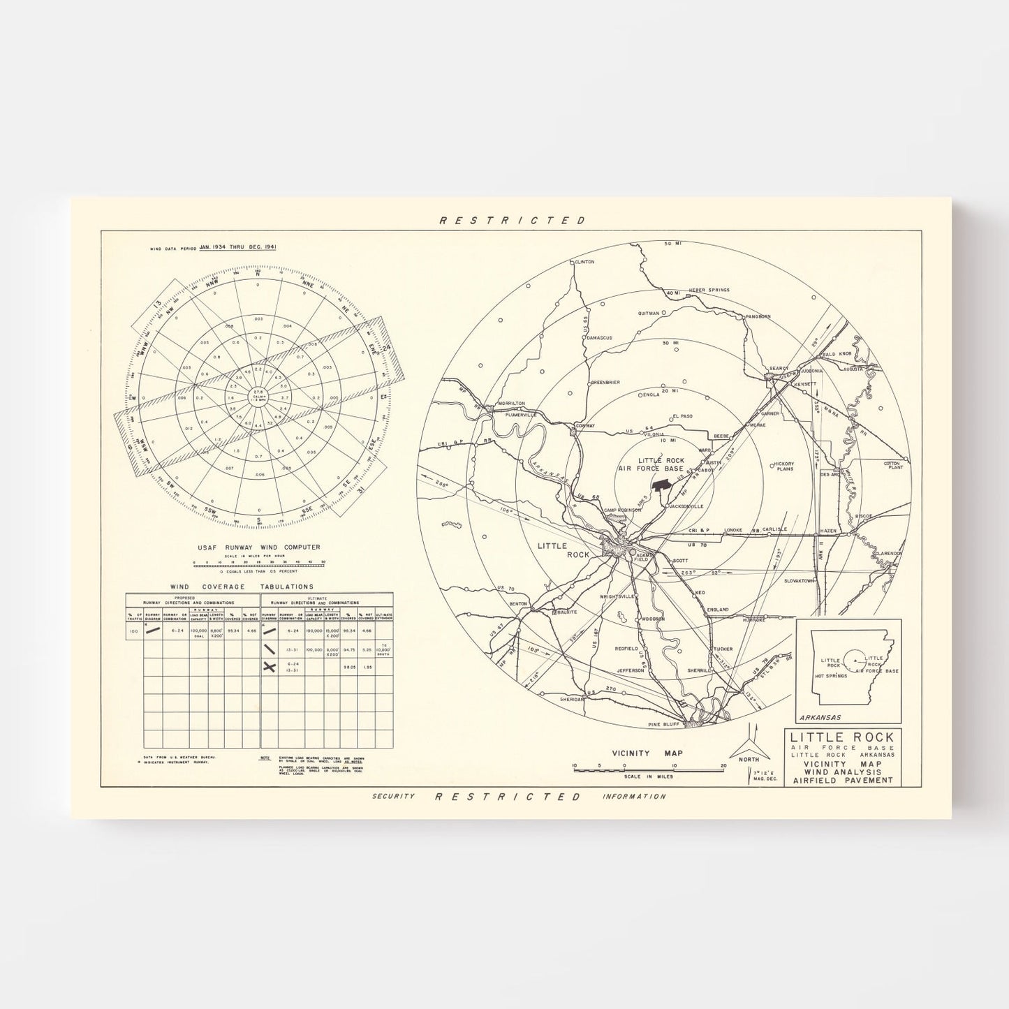 Vintage Map of Little Rock Air Force Base Vicinity, Arkansas, 1952