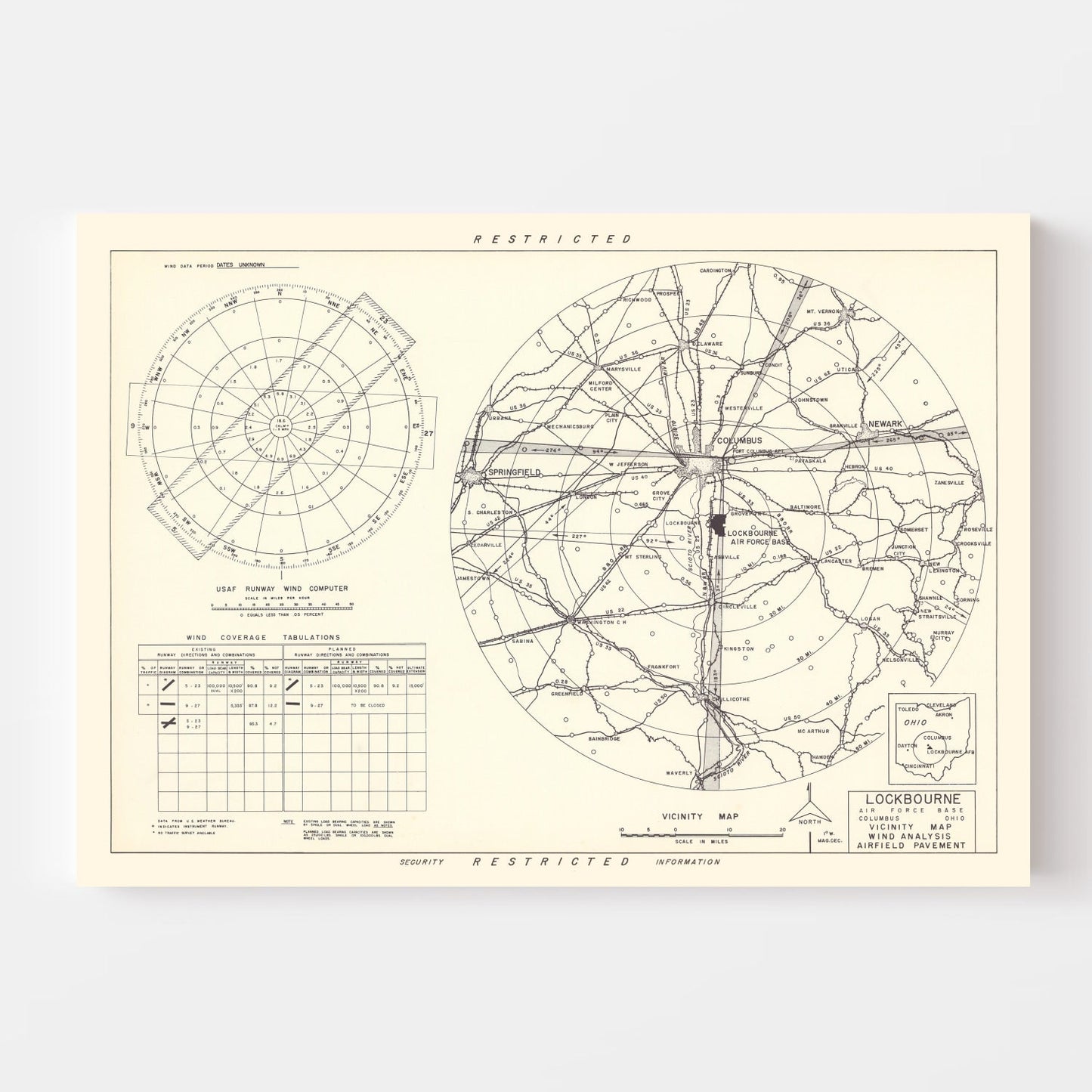 Vintage Map of Lockbourne AFB Vicinity, Ohio, 1951