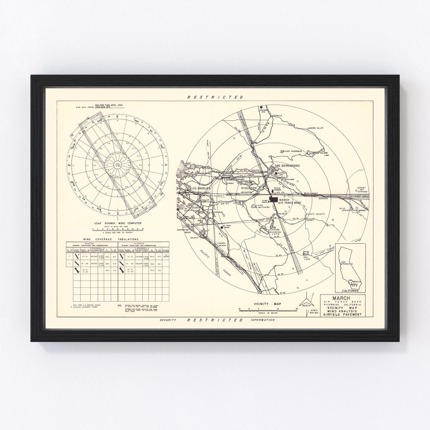 vintage map of March Air Force Base vicinity, Riverside County, California, 1951