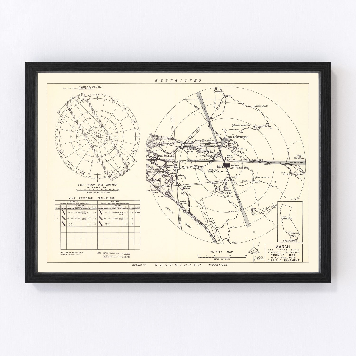 vintage map of March Air Force Base vicinity, Riverside County, California, 1951