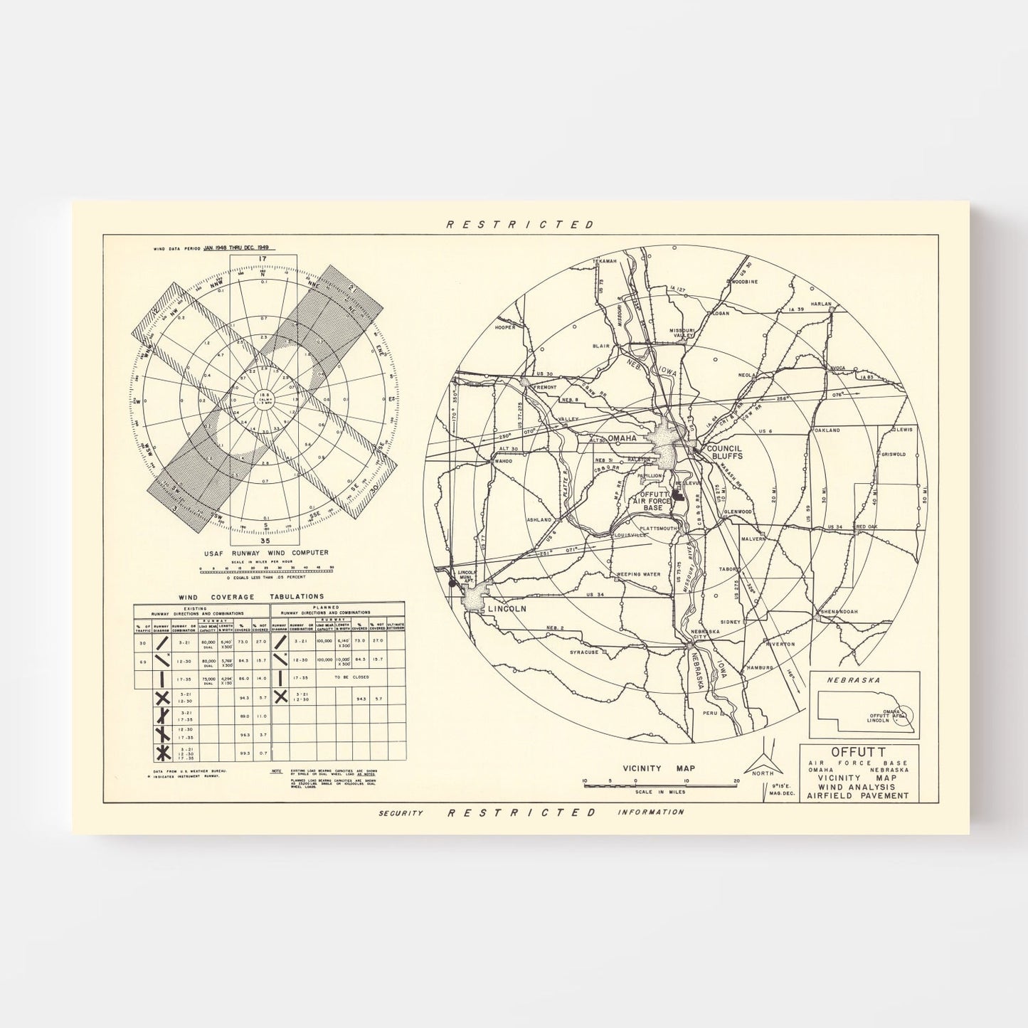 Vintage Map of Offutt Air Force Base Vicinity, Nebraska, 1952