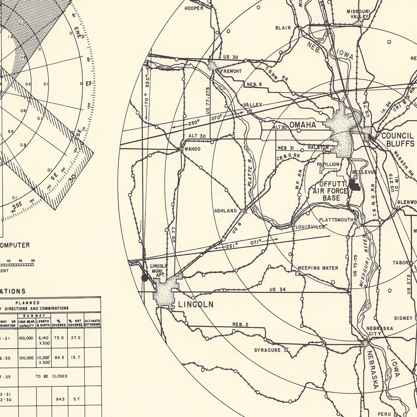 Vintage Map of Offutt Air Force Base Vicinity, Nebraska, 1952