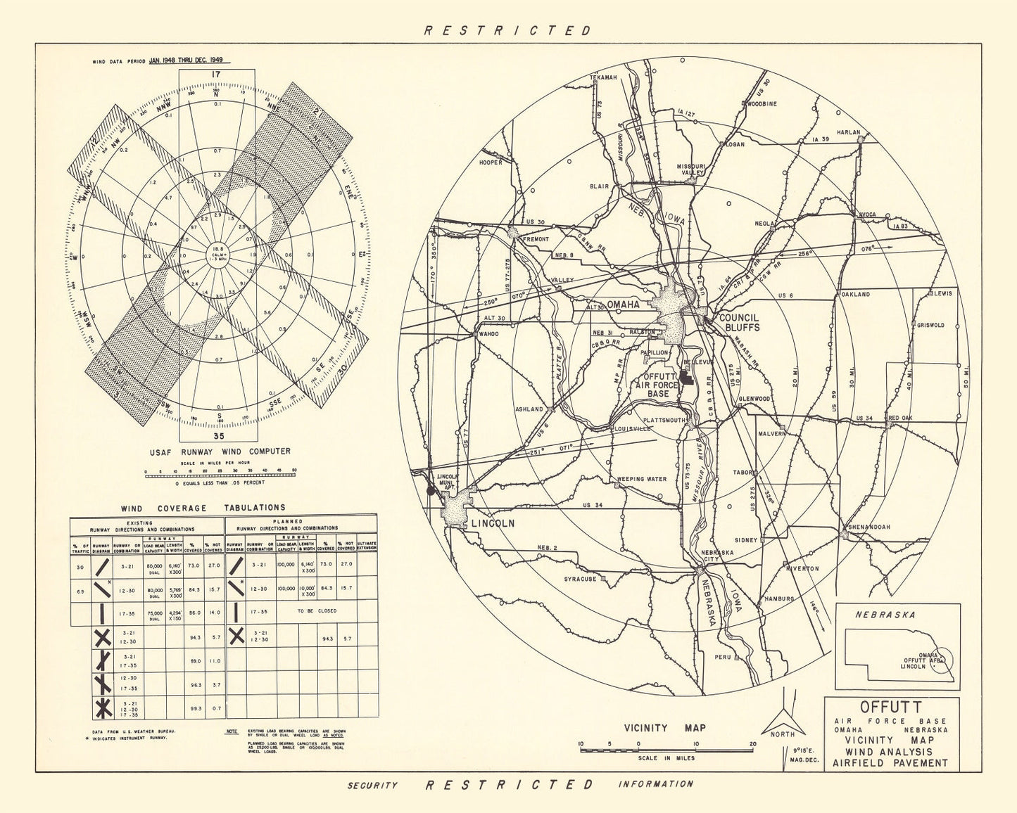 Vintage Map of Offutt Air Force Base Vicinity, Nebraska, 1952