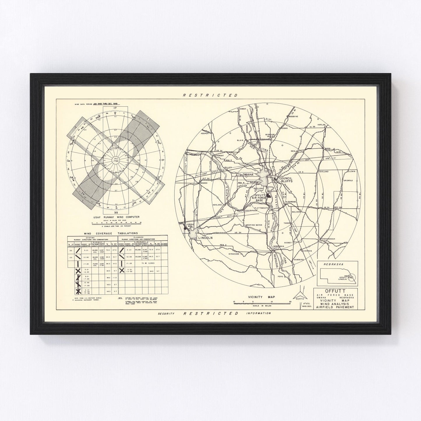 vintage map of Offutt Air Force Base vicinity, Nebraska, 1952