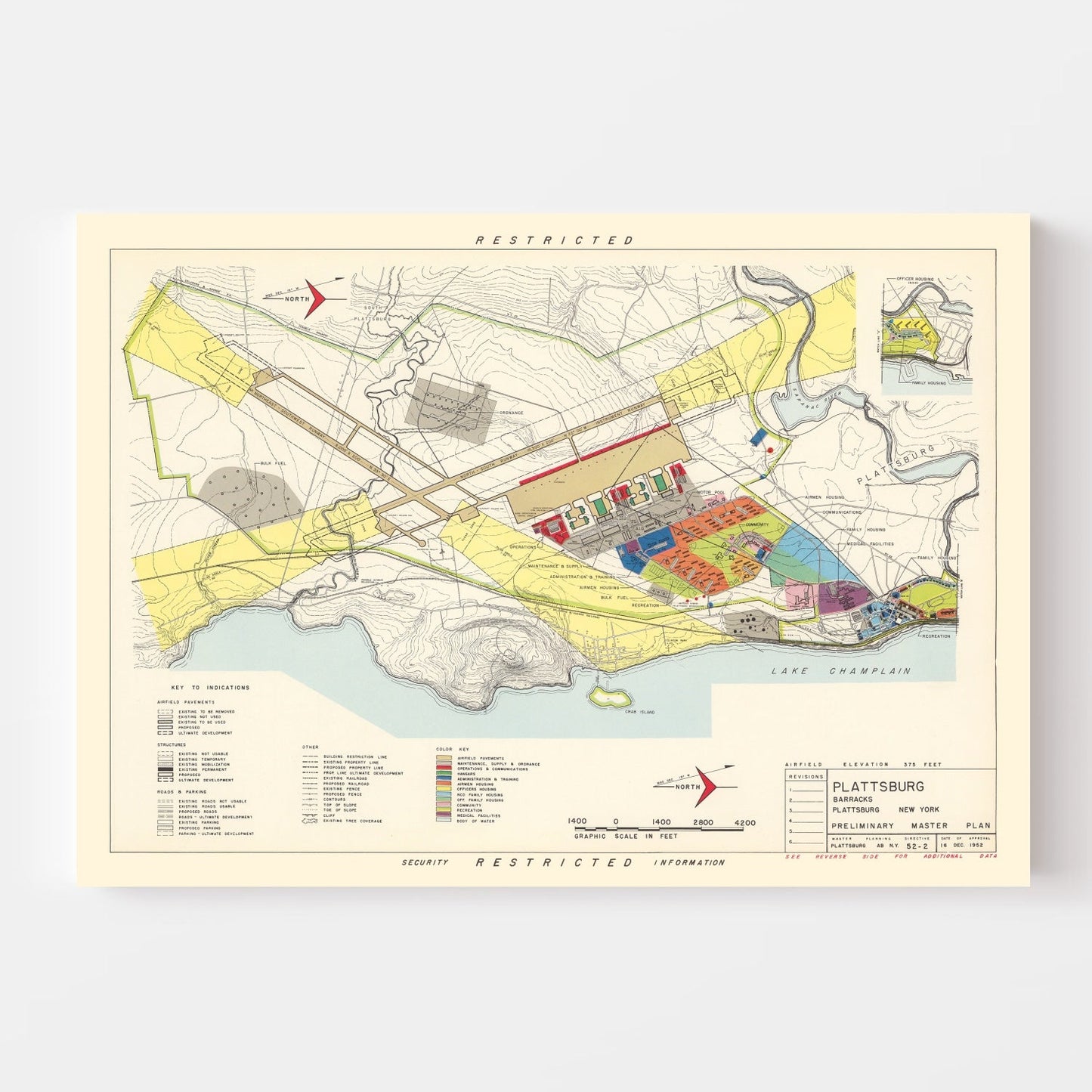Vintage Map of Plattsburgh Barracks, New York, 1952