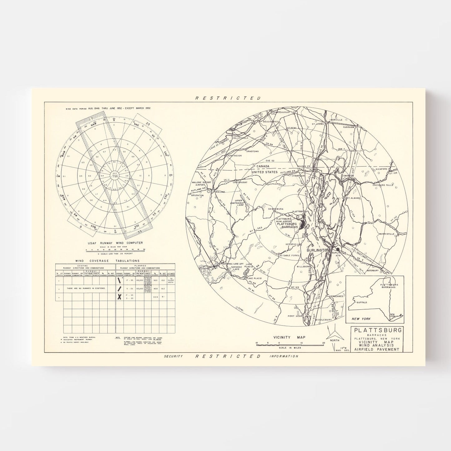 Vintage Map of Plattsburgh Barracks Vicinity, New York, 1952
