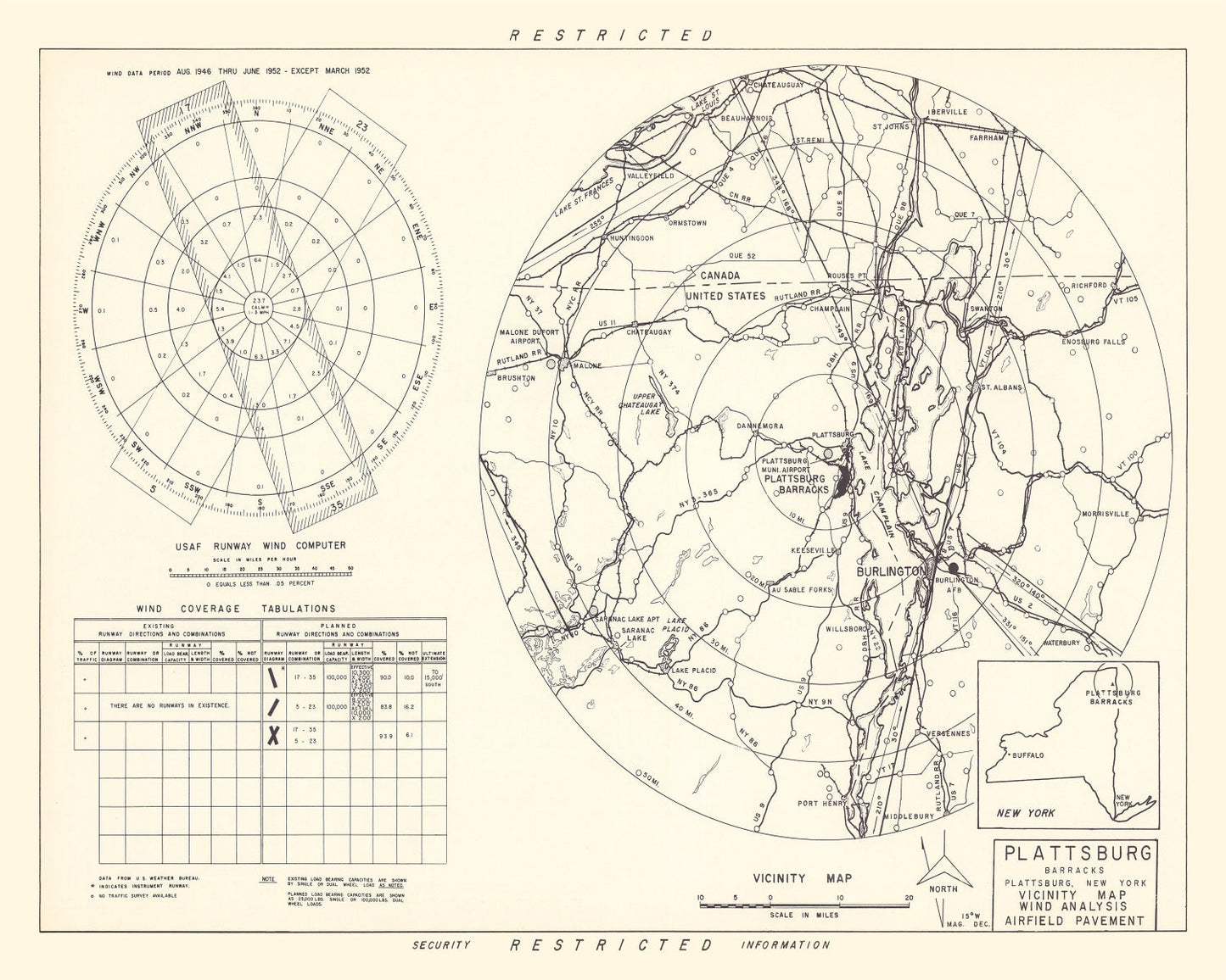 Vintage Map of Plattsburgh Barracks Vicinity, New York, 1952