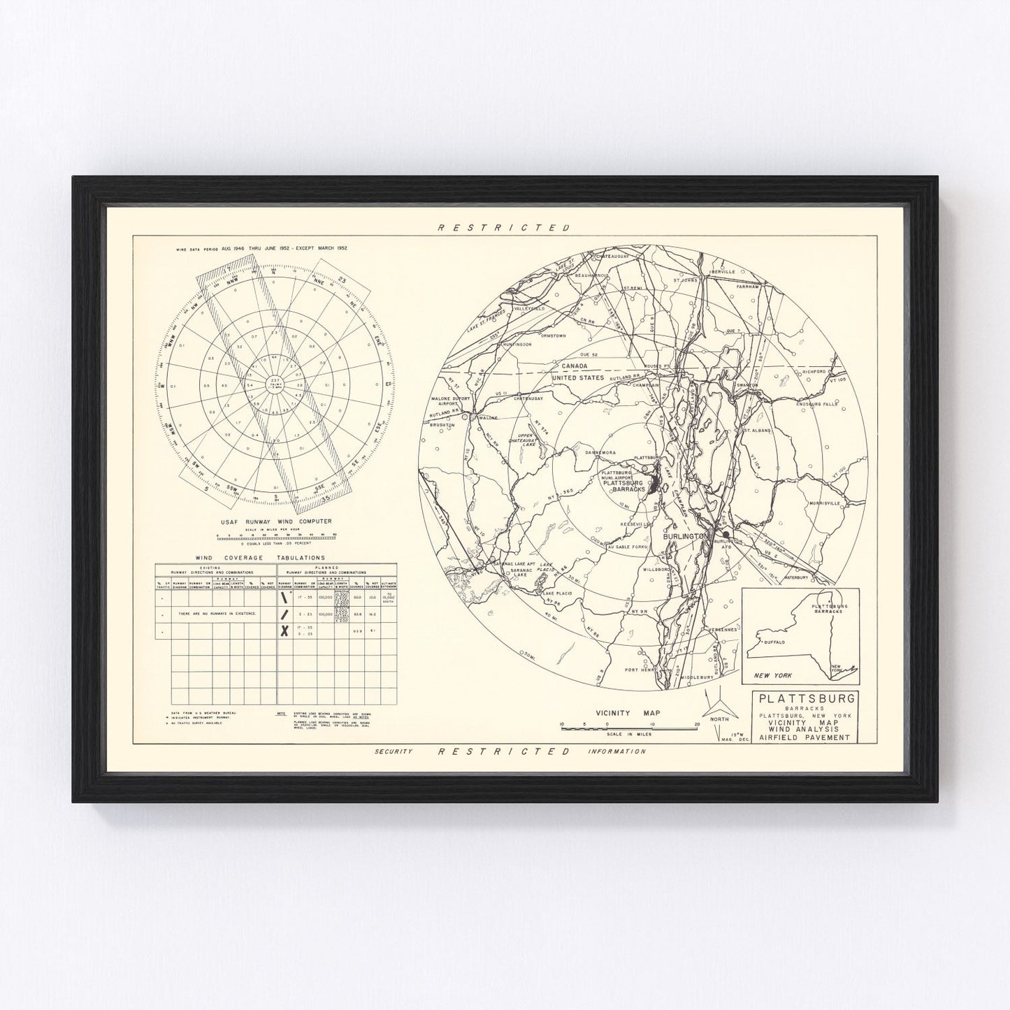 vintage map of Plattsburgh Barracks vicinity, New York, Lake Champlain, 1952