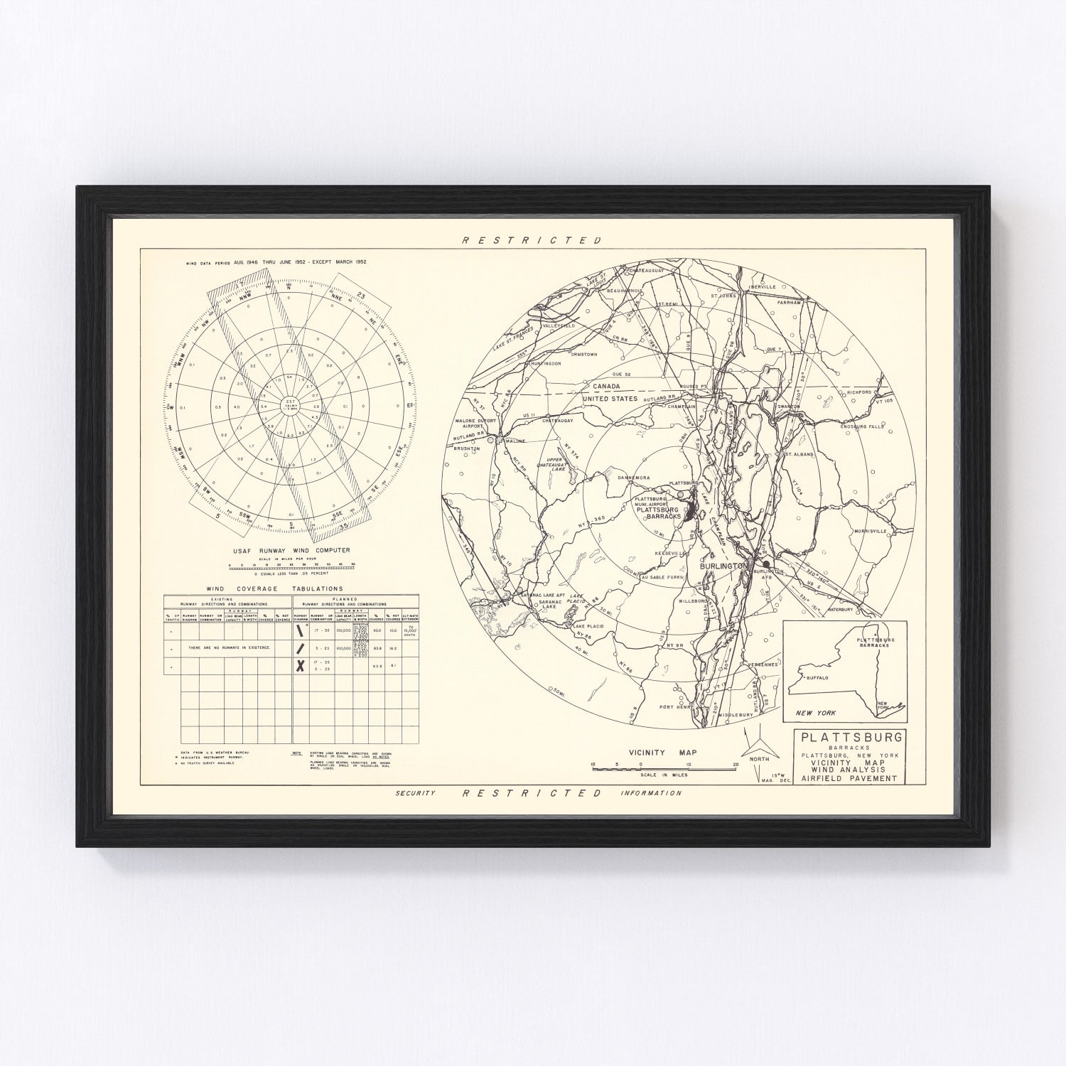vintage map of Plattsburgh Barracks vicinity, New York, Lake Champlain, 1952