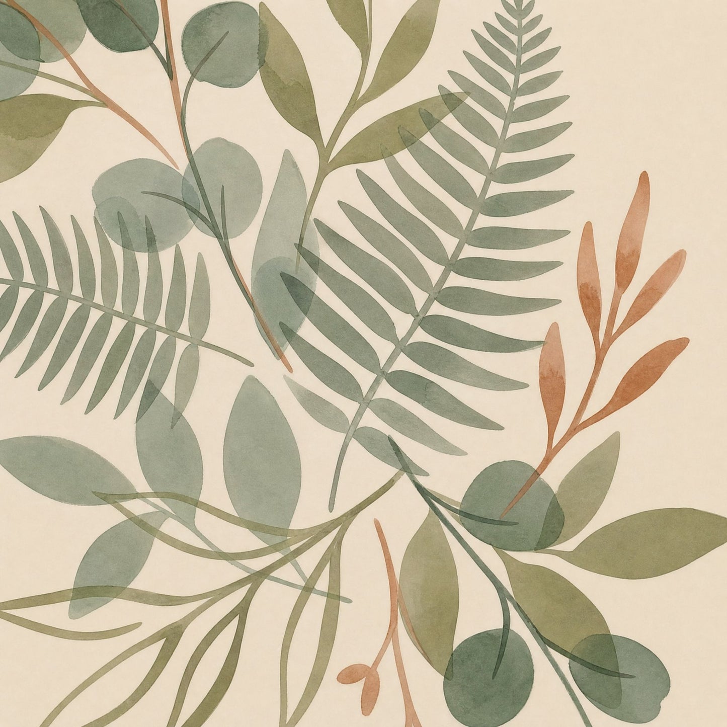 Close-up of the matte print surface showing layered sage green eucalyptus, olive leaves and fern fronds