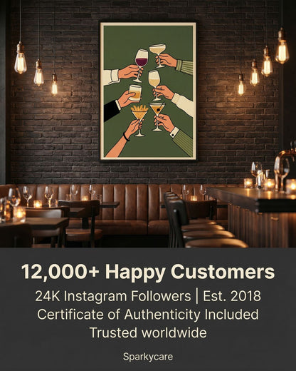 Framed artwork of hands clinking glasses in a bar setting with promotional text below.