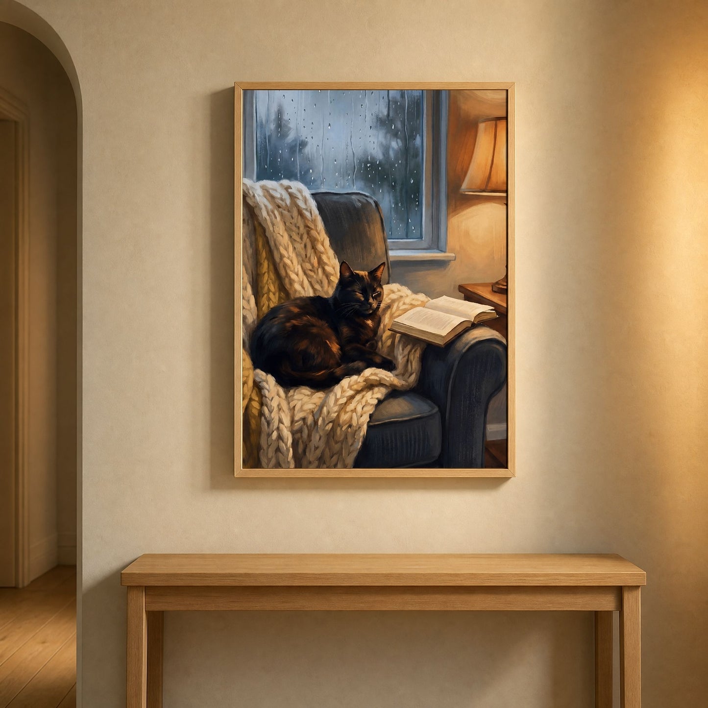 Reading nook art in a warm hallway, the framed print above an oak console in low evening light