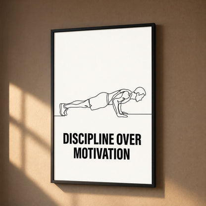 Black framed gym wall art on a warm taupe wall, with hard afternoon sunlight casting a diagonal shadow