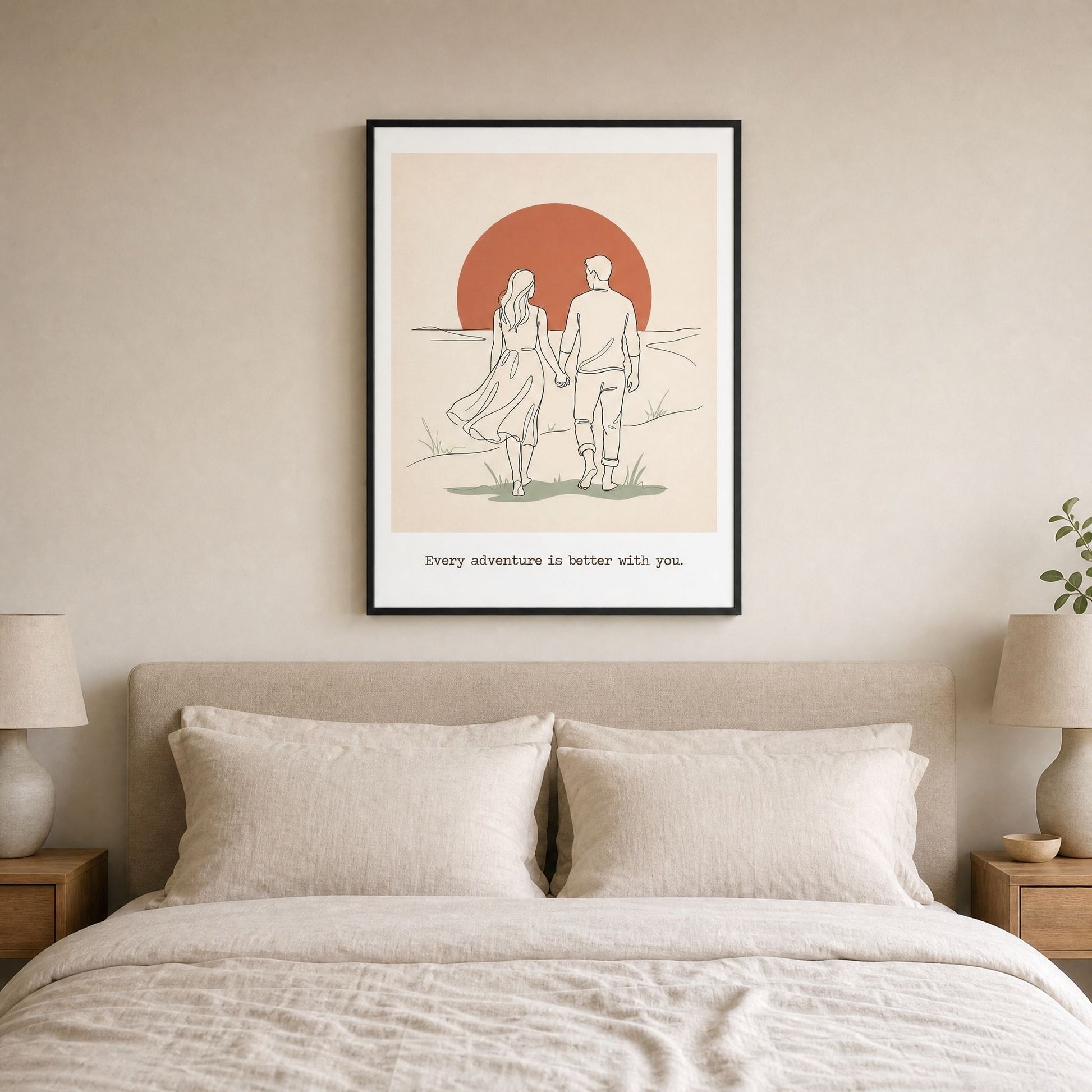 Romantic wall art for a bedroom hung above the bed, so you can judge how it sits on the wall.