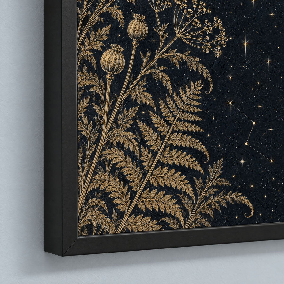 Black frame corner close-up: solid pine, clear plexiglass, and the dark print filling the frame with no mat