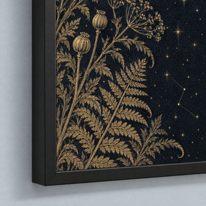 Black frame corner close-up: solid pine, clear plexiglass, and the dark print filling the frame with no mat