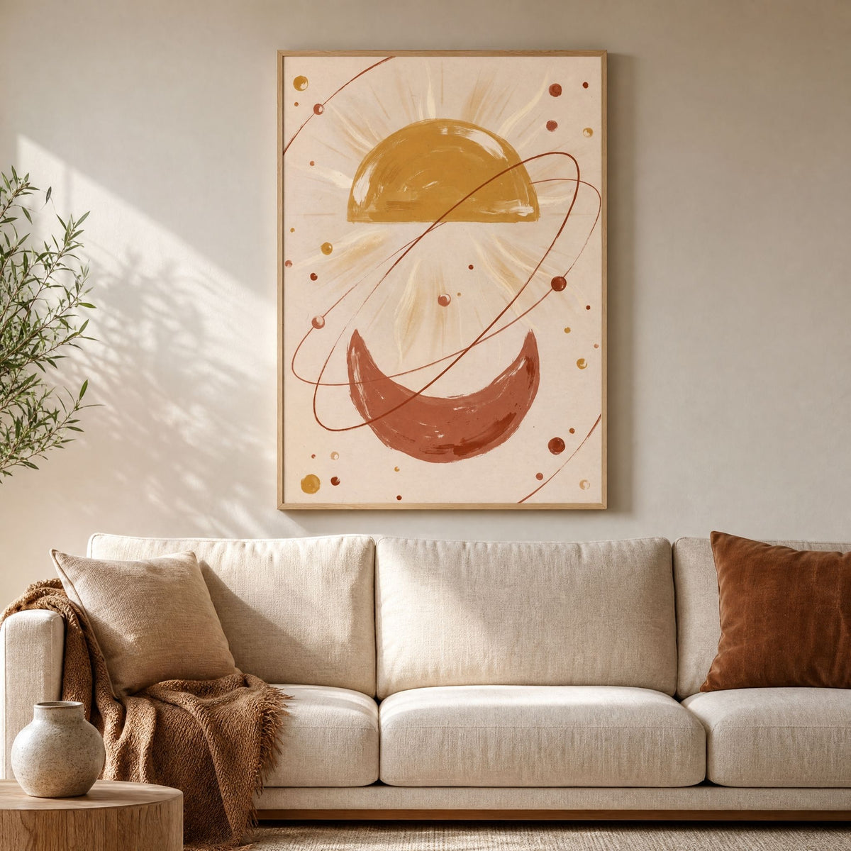Mid century celestial print centred above a cream sofa, sized to the wall it hangs on.