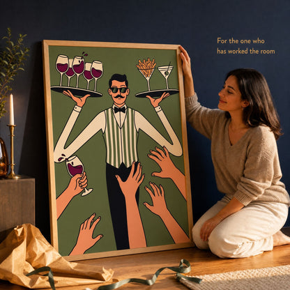 Woman kneeling beside the framed waiter print with kraft paper and ribbon, a gift moment