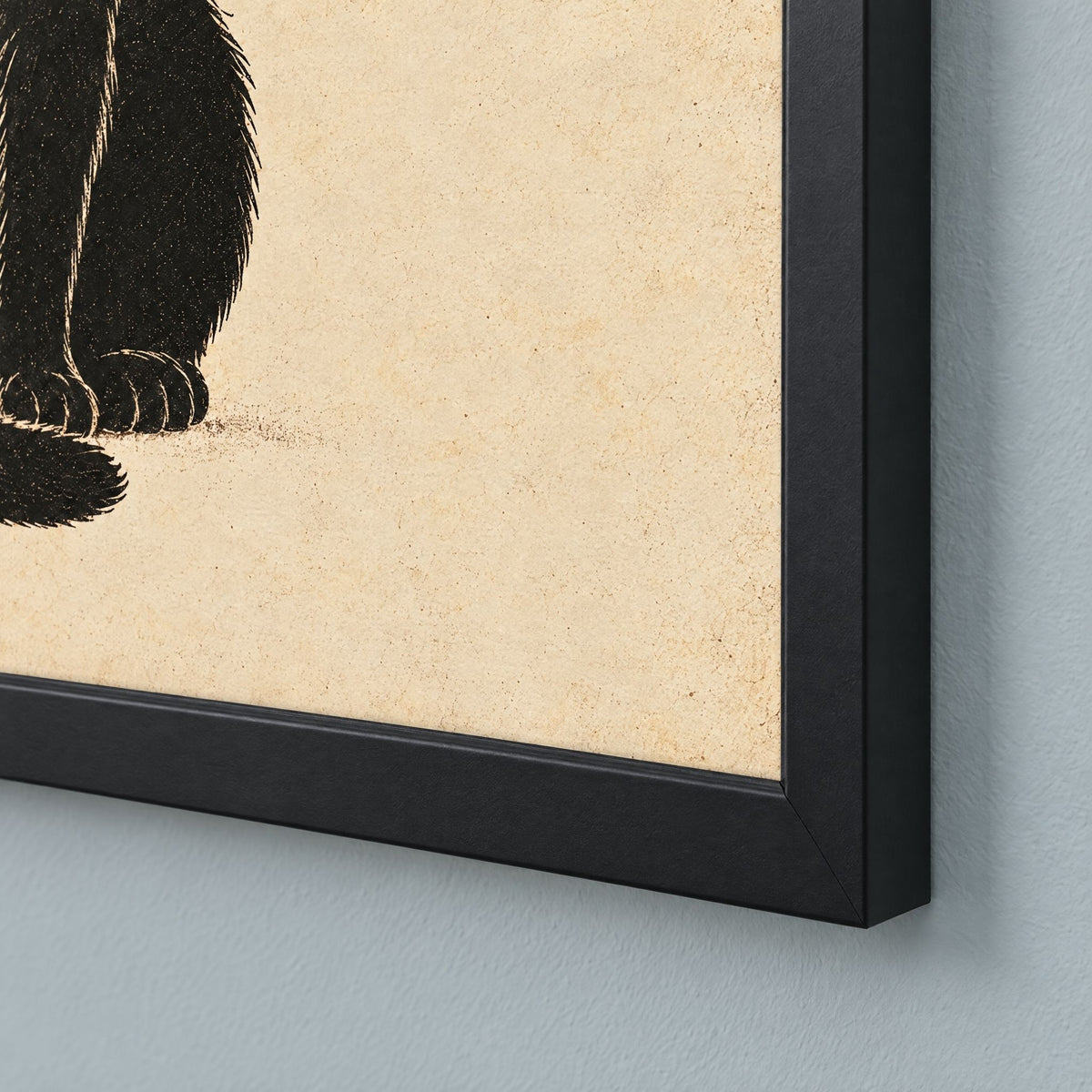 Black frame corner close-up: solid pine, clear plexiglass, and the print filling the frame with no mat