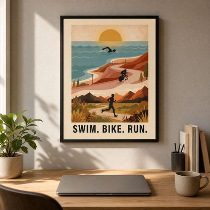 Triathlon Poster: Retro Swim Bike Run Framed Wall Art