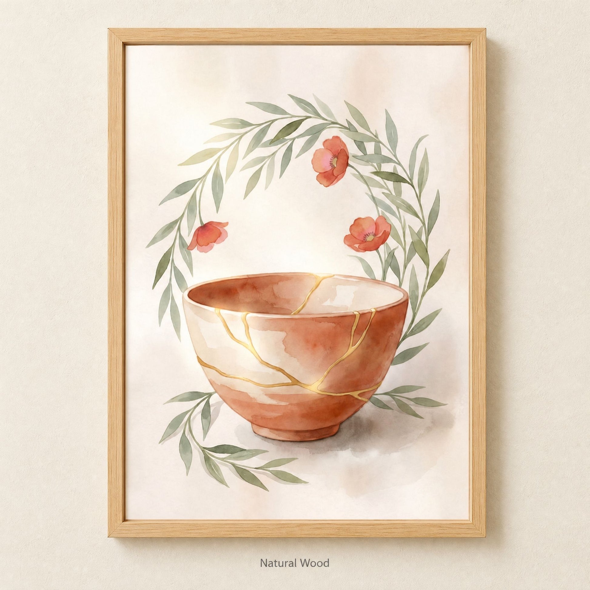 Japandi wall art in a light oak frame on a cream wall, gold-seamed terracotta bowl inside an olive leaf wreath