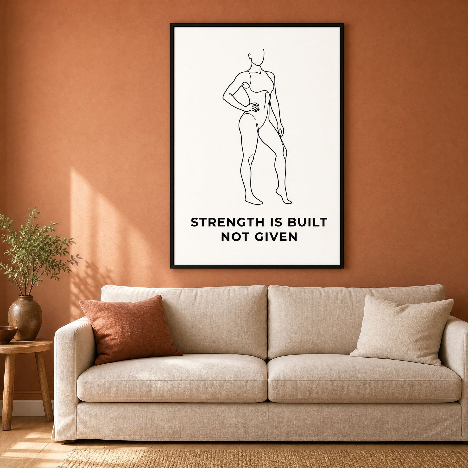 Black framed line art print above a beige sofa on a terracotta living room wall, plant on a side table