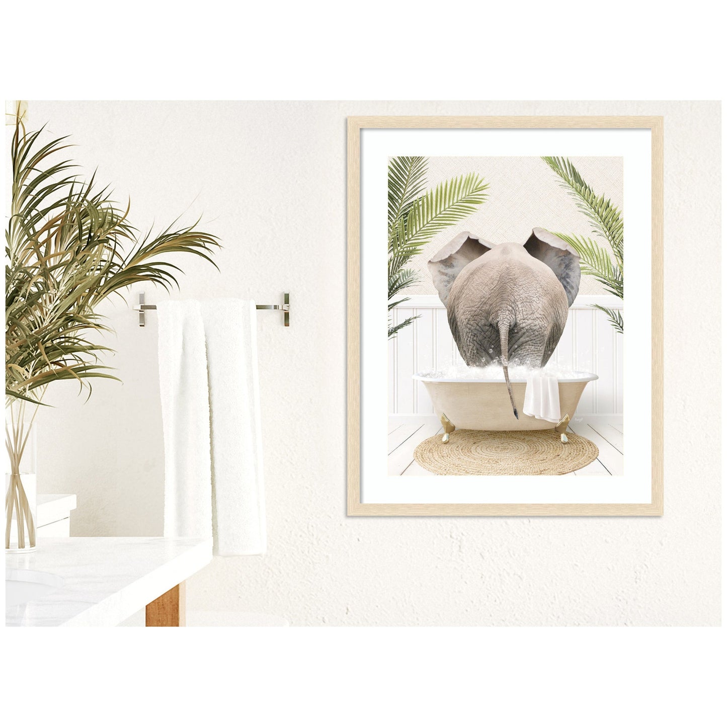 Elephant Back in Palm Bathtub Framed Wall Art Print