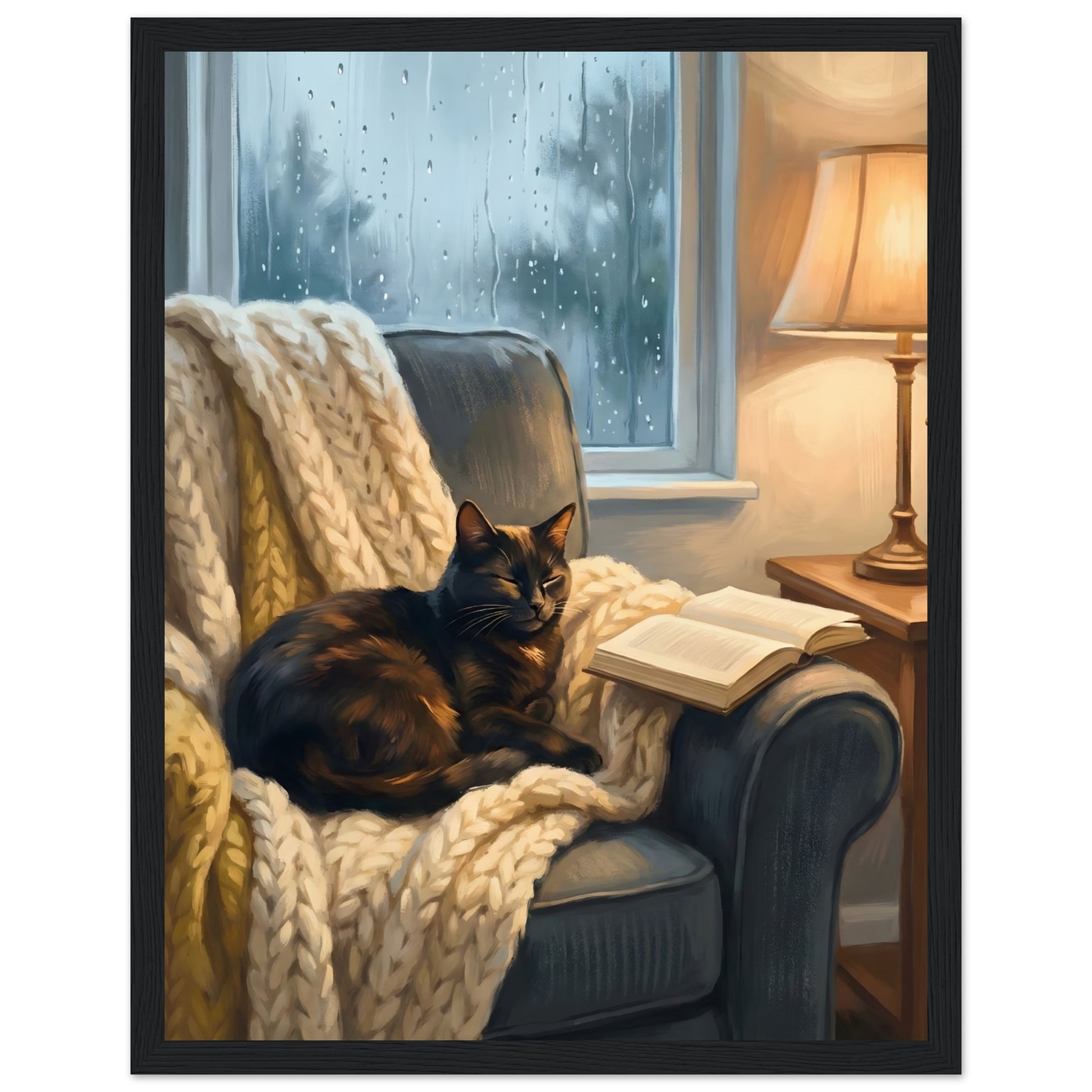 Cozy Cat Reading Poster - The Finishing Touch Your Reading Nook Needs - 27x35 cm / 11x14″ - Black frame / Ready-to-hang - Sparkycare
