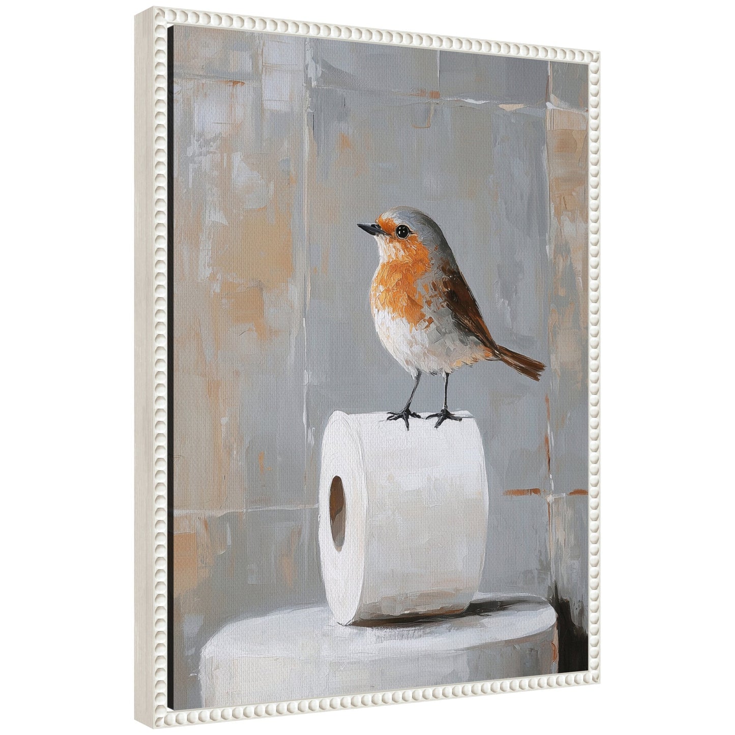 Funny bird standing on toilet paper roll framed canvas bathroom art