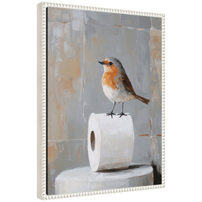 Funny bird standing on toilet paper roll framed canvas bathroom art