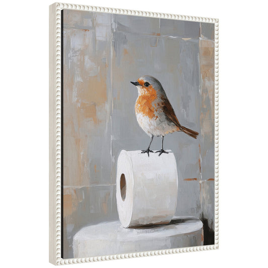 Funny bird standing on toilet paper roll framed canvas bathroom art