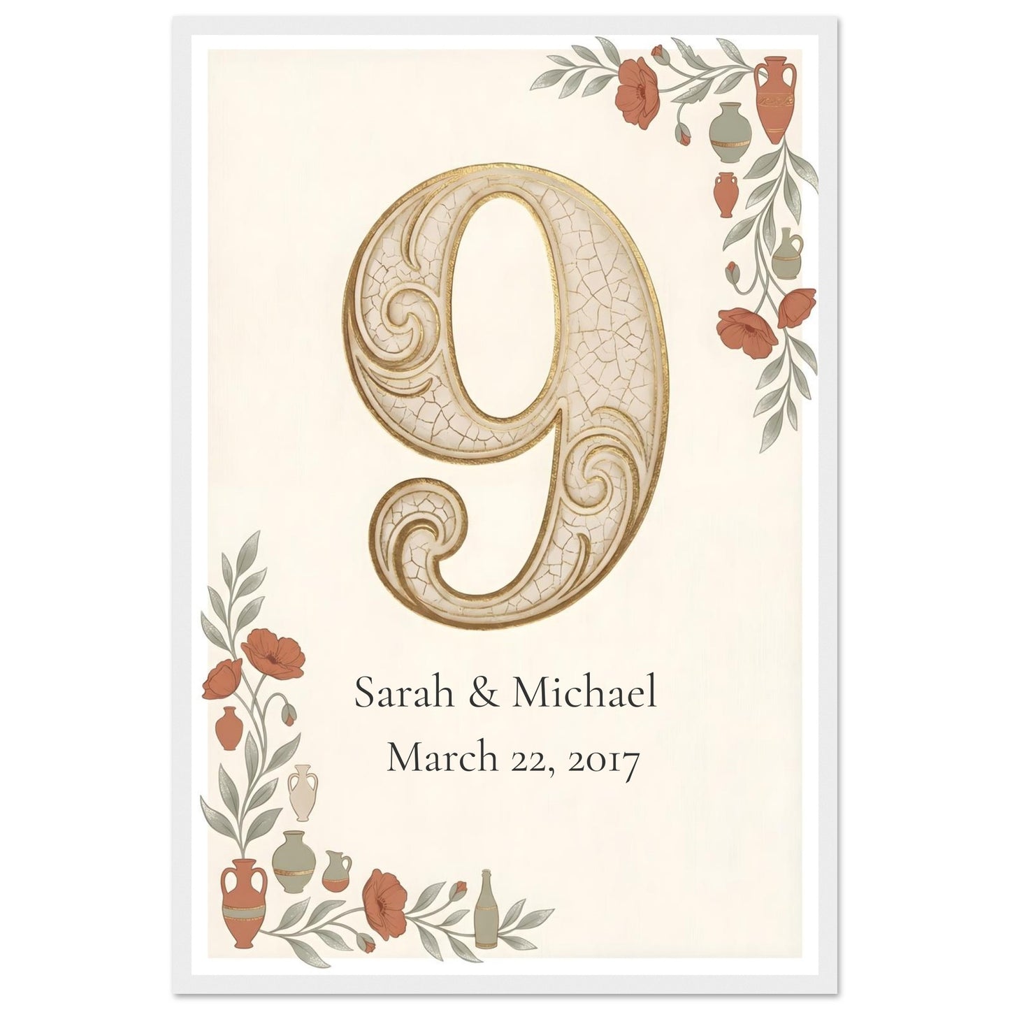 Personalized 9th Anniversary Wall Art - 40x60 cm / 16x24″ - White frame / Ready-to-hang - Sparkycare