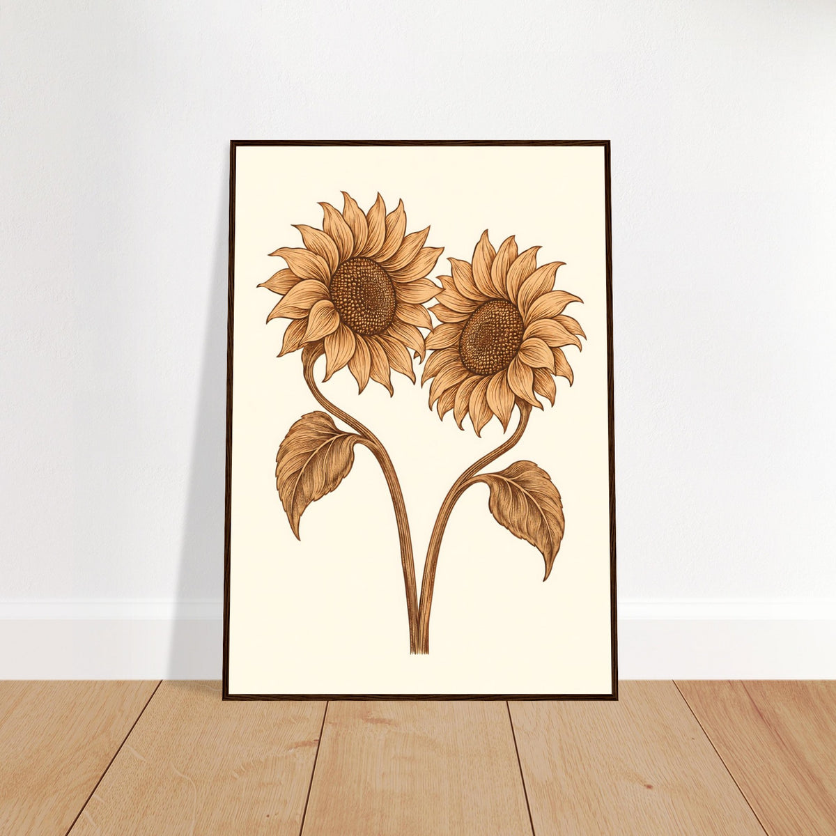 Two sunflowers in warm leather tones, framed print in a dark wood frame, our pick for this design