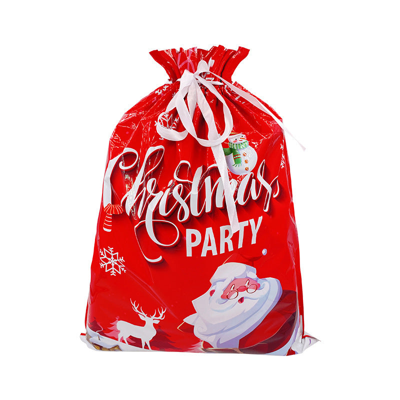 Red gift bag with Christmas Party text and festive graphics on a white background